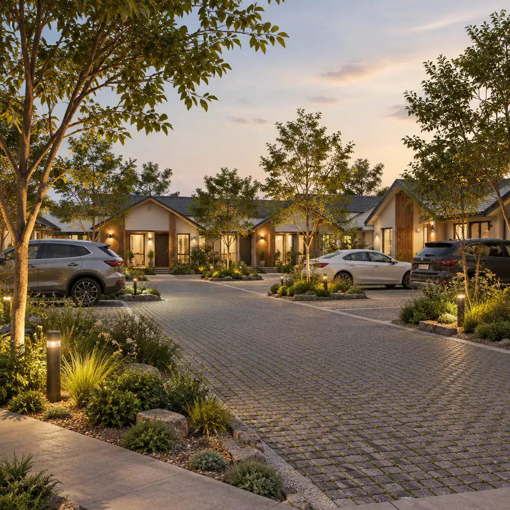 Landscaped bungalow court parking area with trees and pedestrian lighting