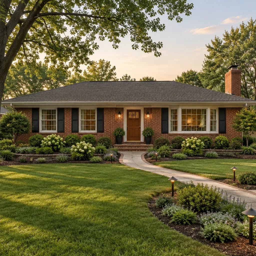 Landscaped traditional brick ranch house with coordinated pathway lighting