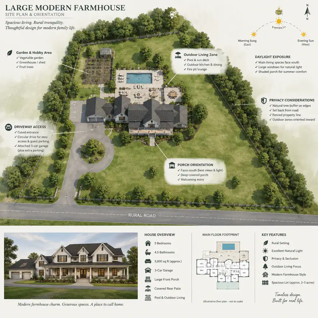 Large Modern Farmhouse Plan Positioned On A Rural Site