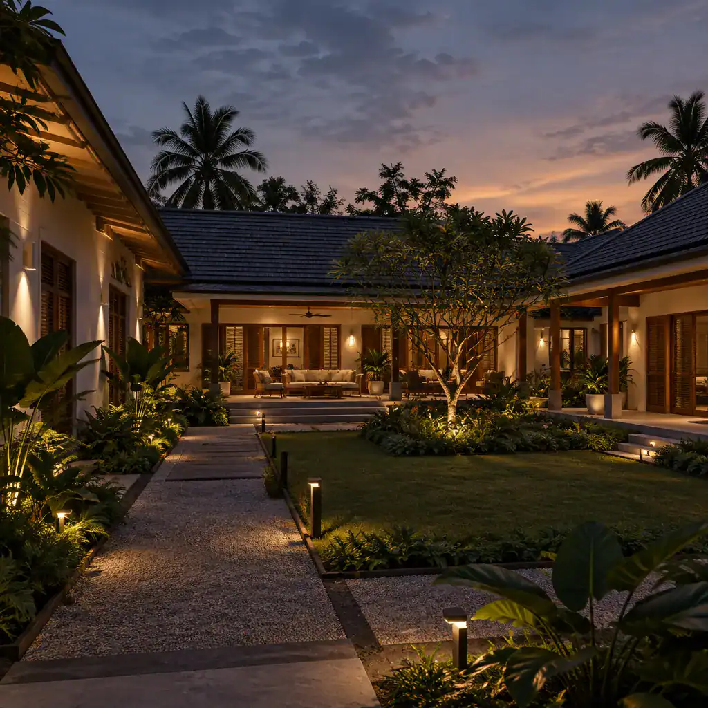 Layered Evening Lighting In A Modern Plantation House Courtyard