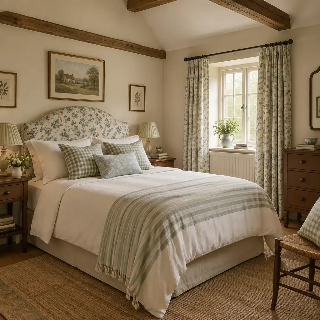 Layered floral and checked patterns in an English cottage bedroom