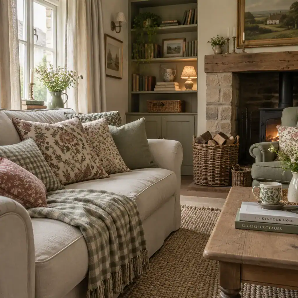 Layered floral, checked, and natural textiles in an English cottage living room