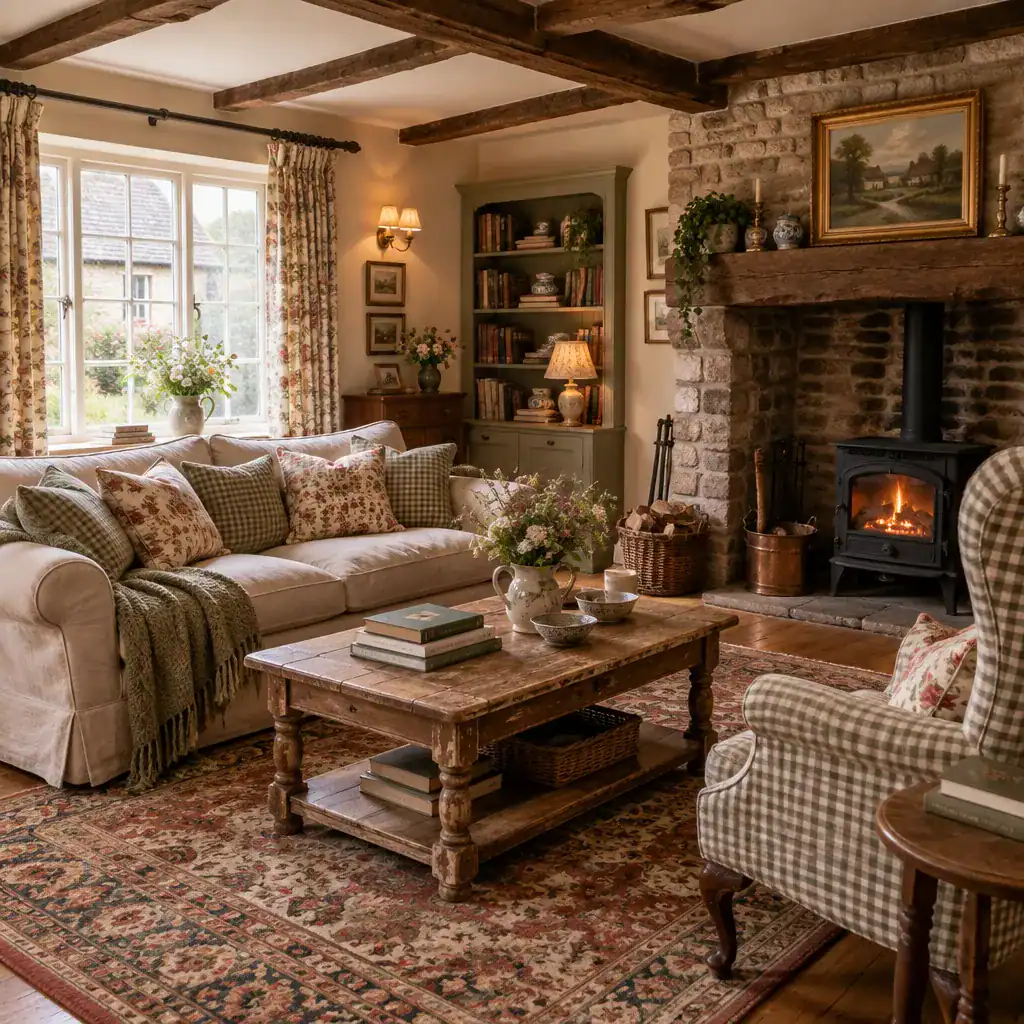 Layered furniture and textiles in an English cottage living room
