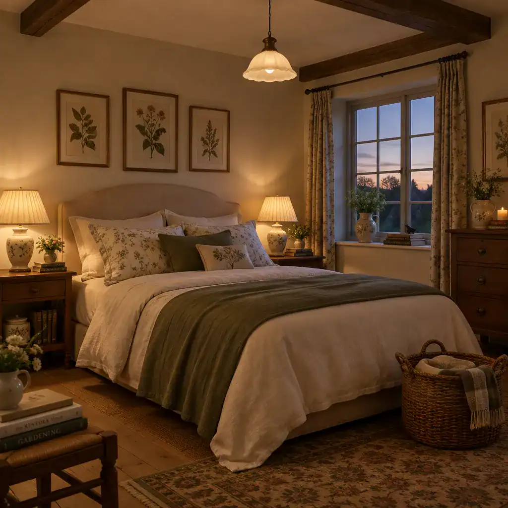 Layered lighting and botanical accessories in an English cottage bedroom