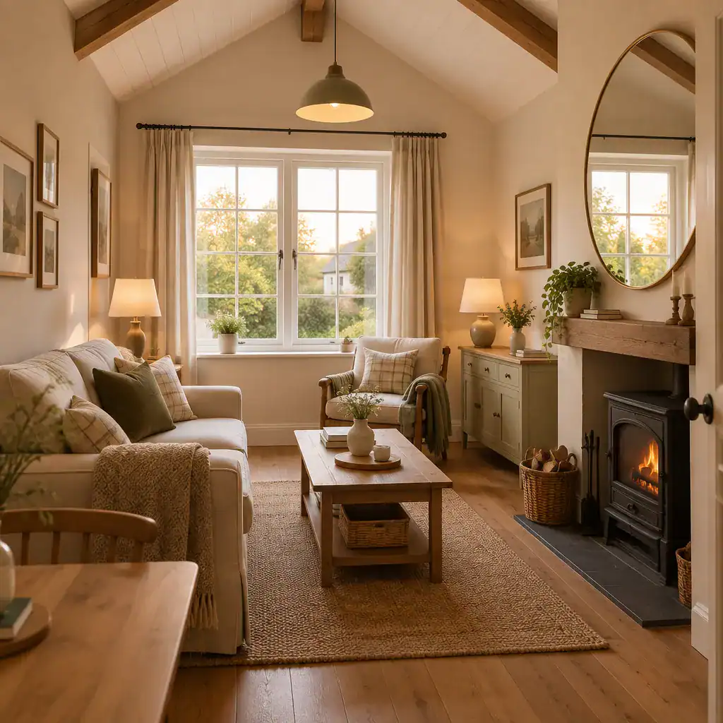 Layered Lighting And Mirror Making A Small Cottage Room Feel Spacious