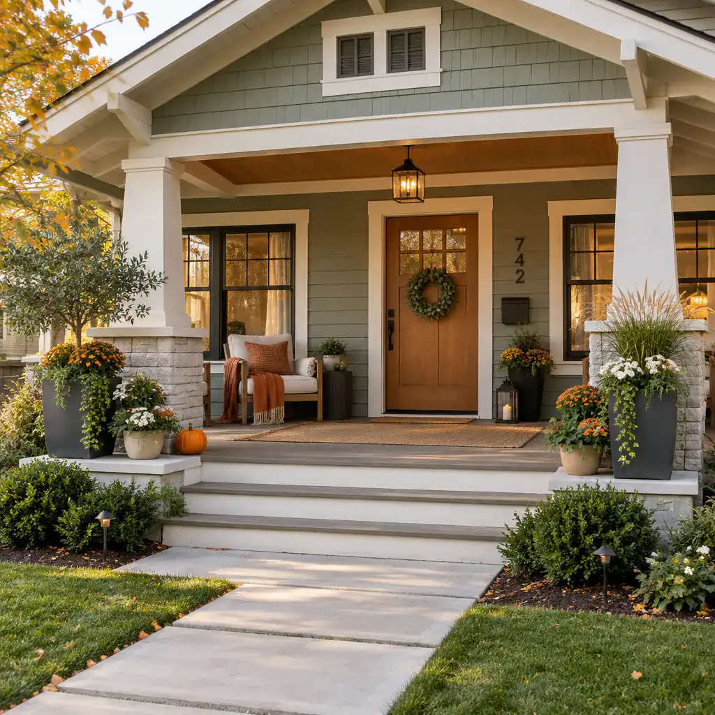 Layered planters and seasonal decor on a bungalow porch