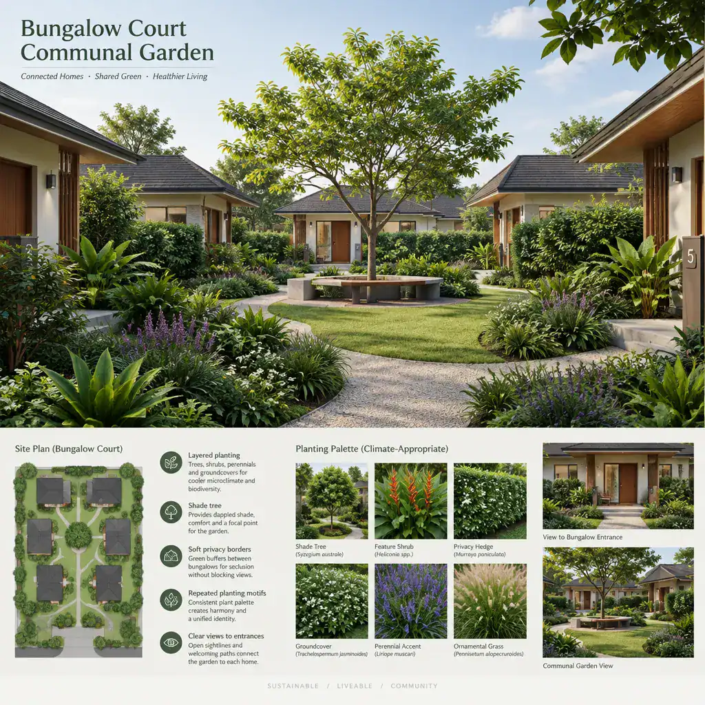 Layered planting and soft privacy borders in a bungalow court garden