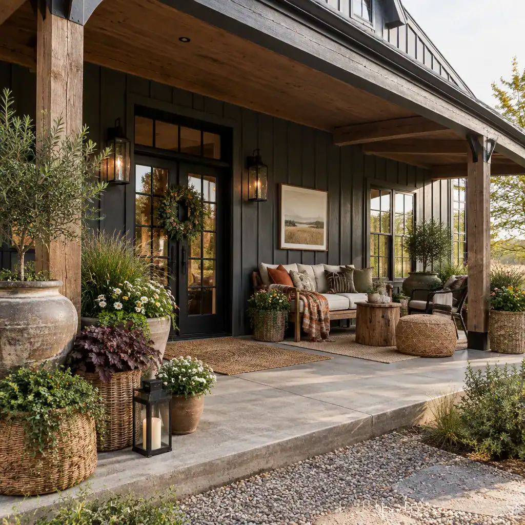 Layered plants and decor on an eclectic barn porch