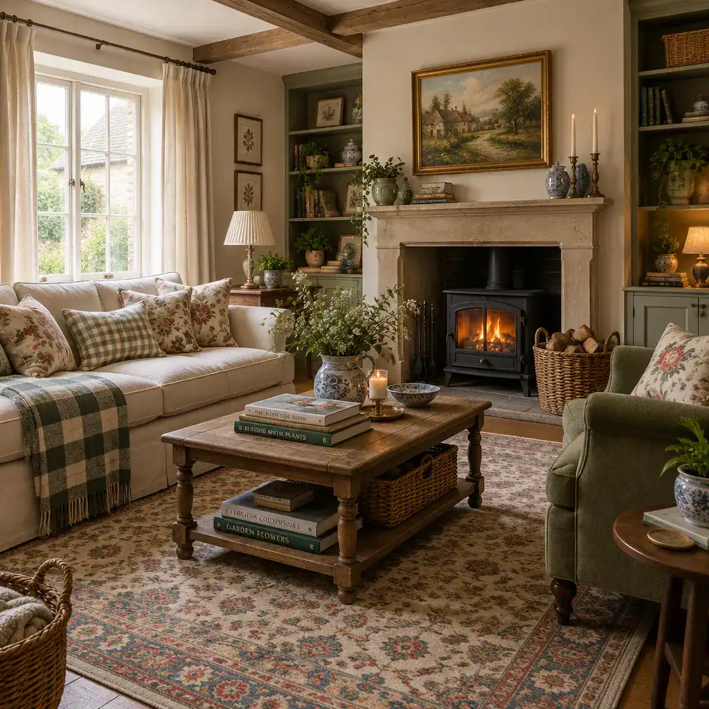 Layered textiles and accessories in a cottage living room