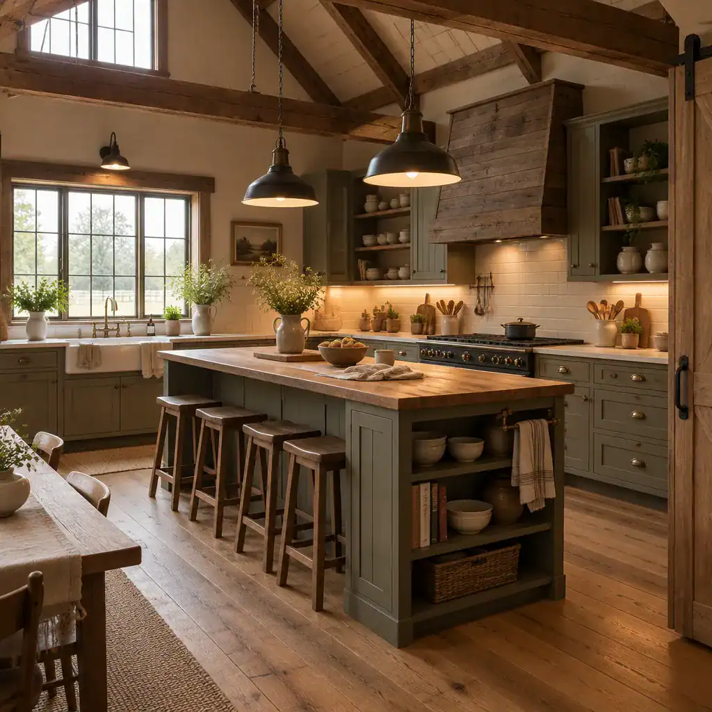 Layered lighting and farmhouse details in a traditional barn house kitchen