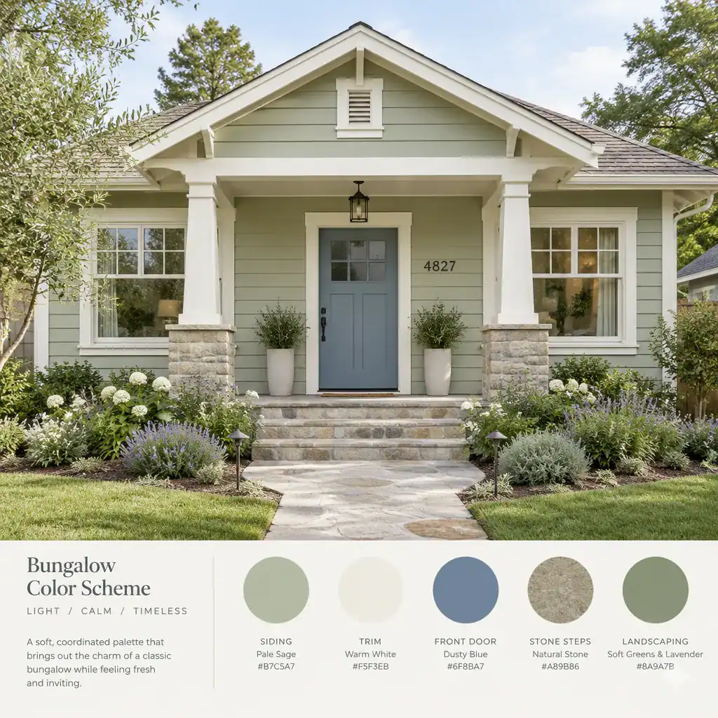 Light sage bungalow with warm white trim and blue front door