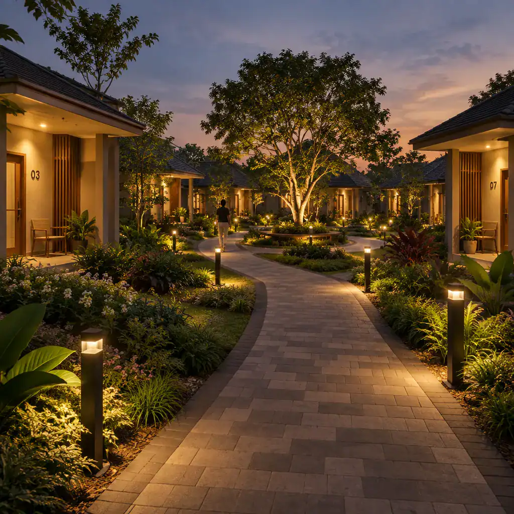 Lit pedestrian paths through a bungalow court