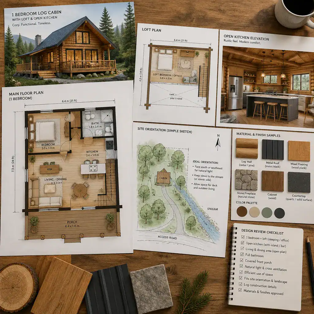 Log cabin plan review with loft and open kitchen diagrams