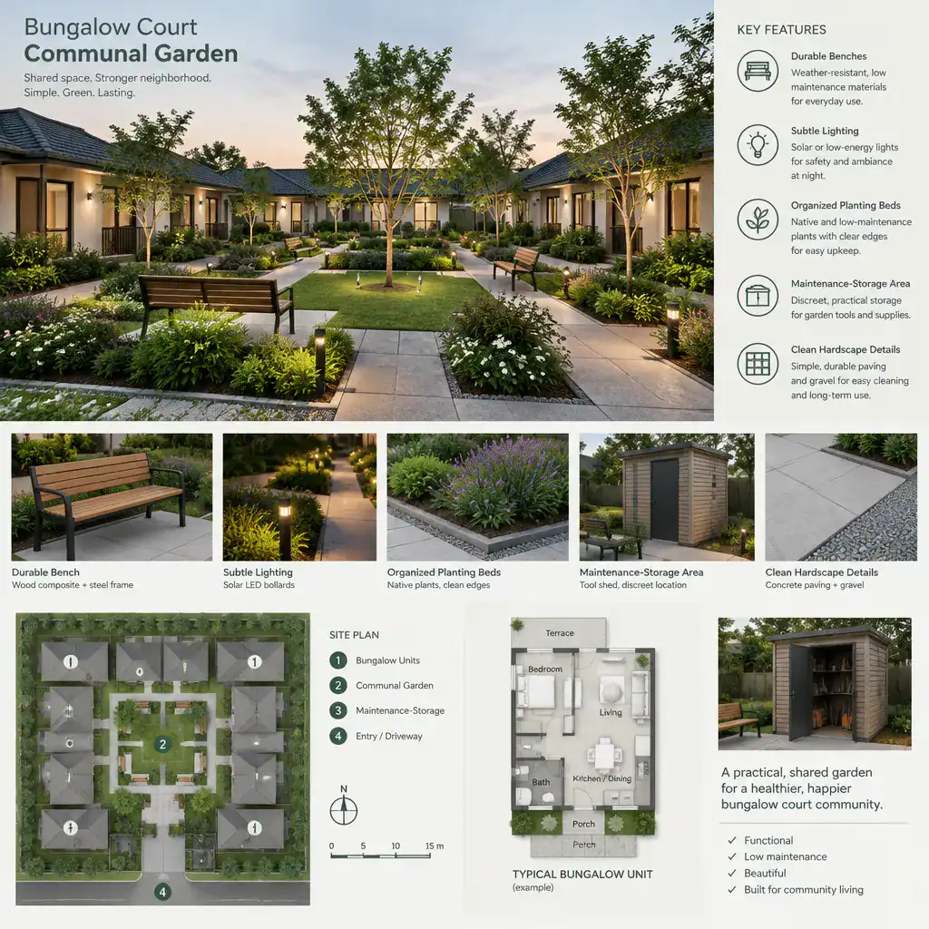 Low-maintenance shared features in a bungalow court communal garden