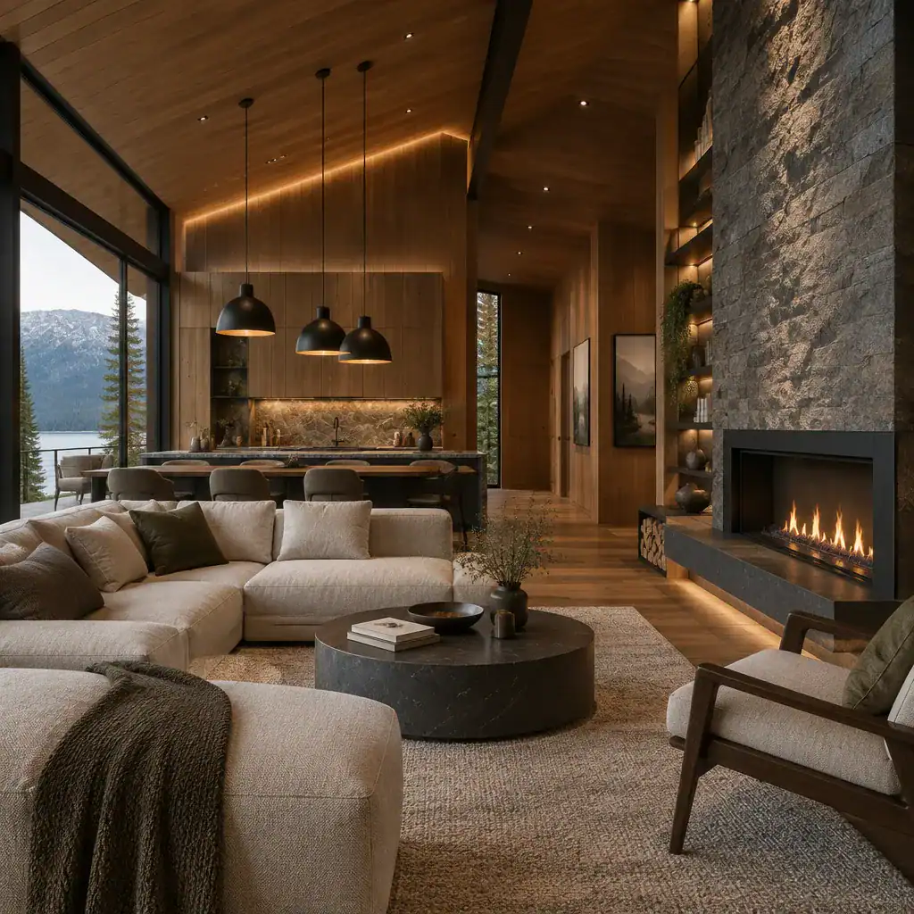 Luxury Cabin Materials And Layered Contemporary Lighting