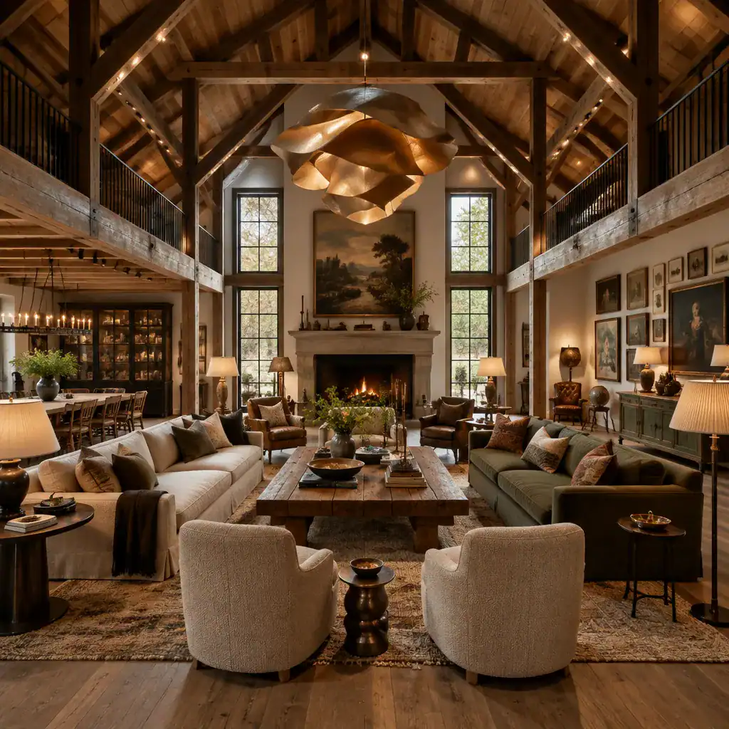 Luxury eclectic barn house living room with layered lighting and curated furniture