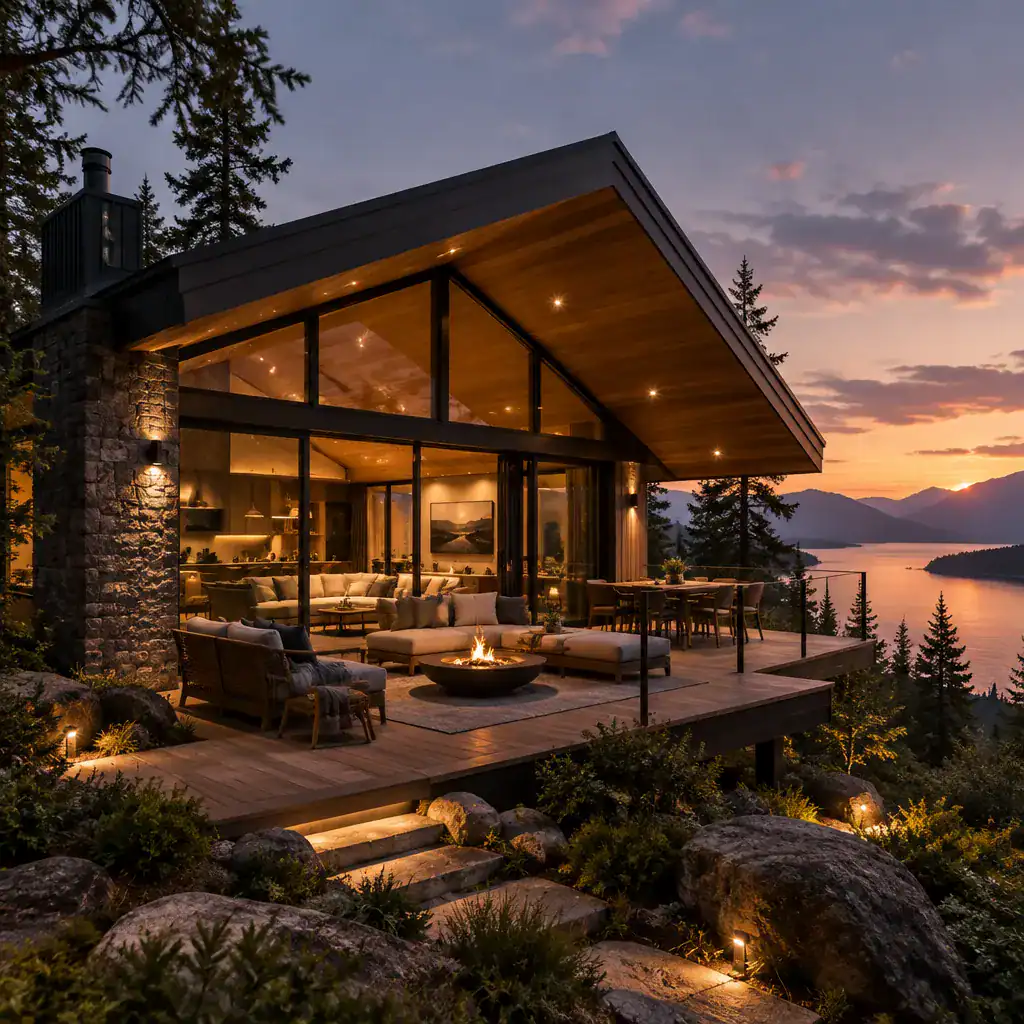 Luxury Modern Cabin Glowing At Dusk With A Sheltered Deck