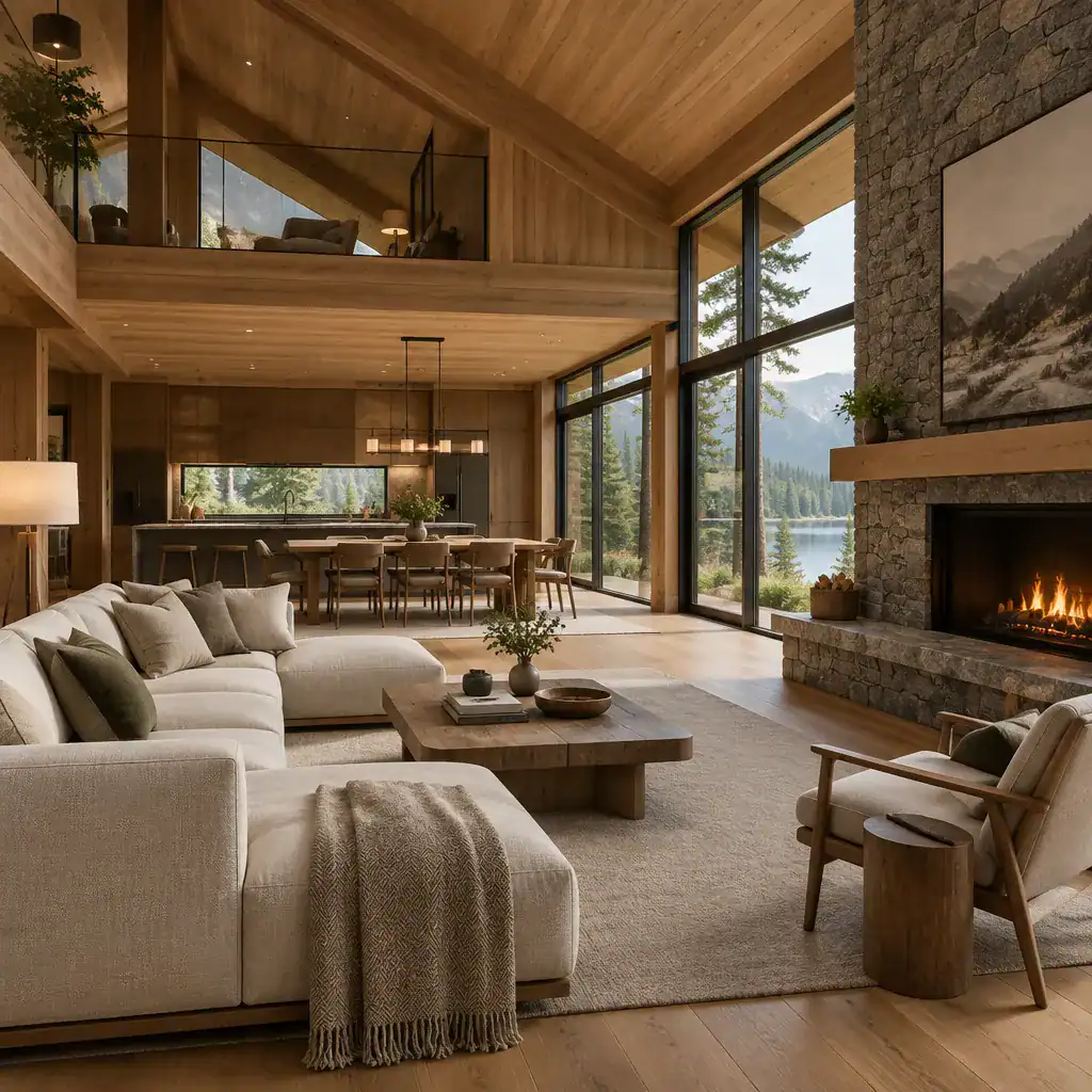 Luxury Modern Cabin Interior With Stone Fireplace And Timber