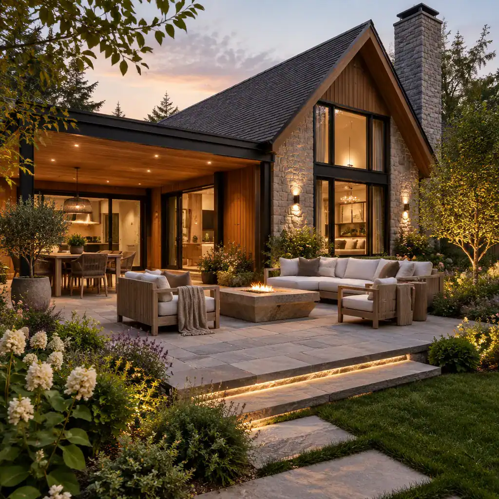 Luxury Modern Cottage Outdoor Living Area With Coordinated Landscaping