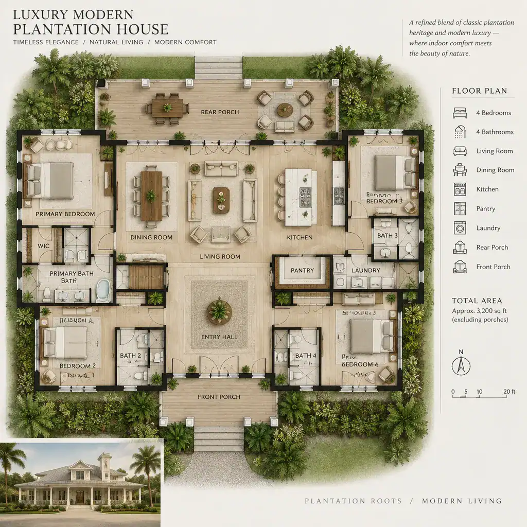 Luxury Modern Plantation House Floor Plan With Central Hall And Connected Living Spaces
