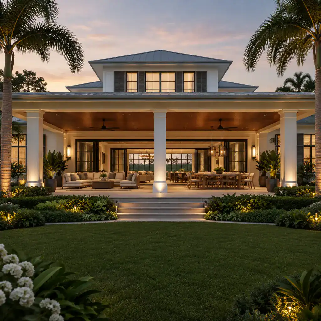 Luxury Modern Plantation House Veranda Connected To Landscaped Outdoor Living Space