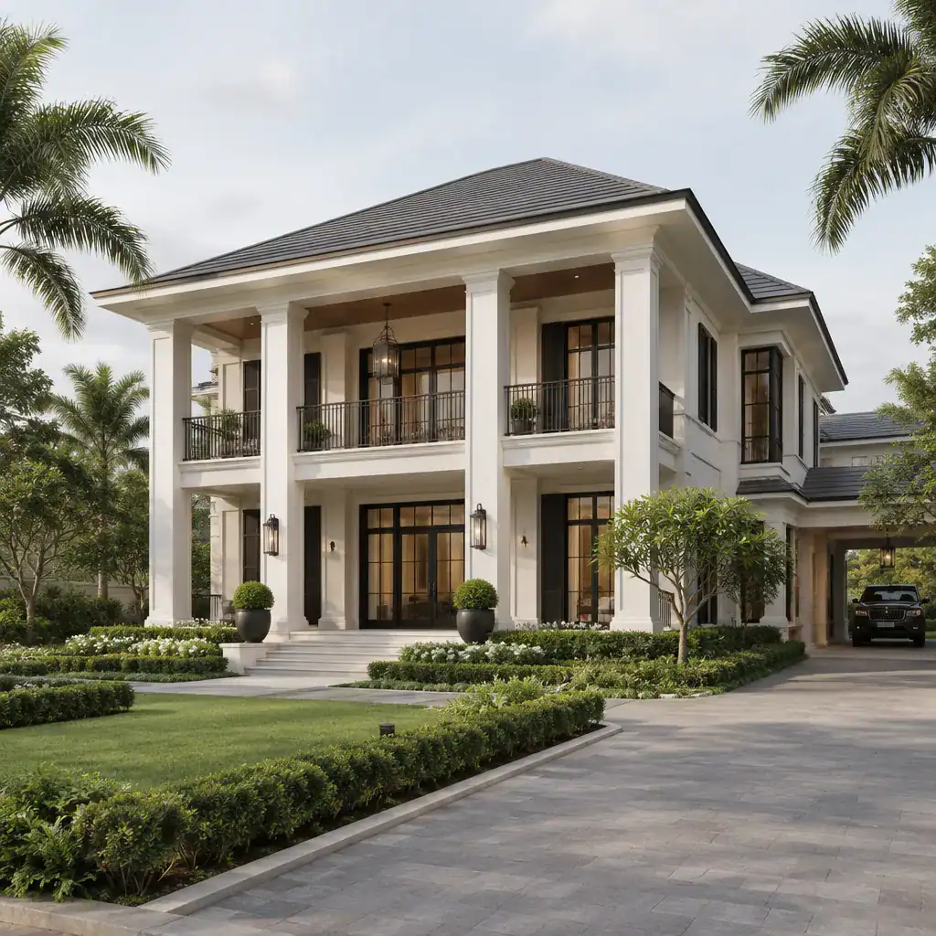 Luxury Modern Plantation House With Symmetrical Facade And Covered Porch