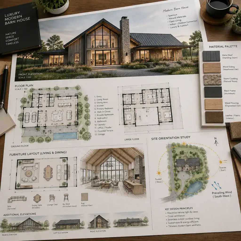 Luxury modern barn house design planning materials and floor plan review