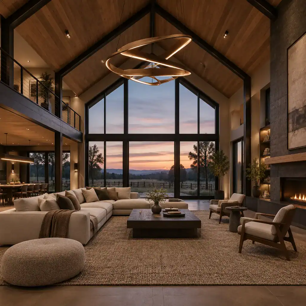 Luxury modern barn house living room with layered lighting