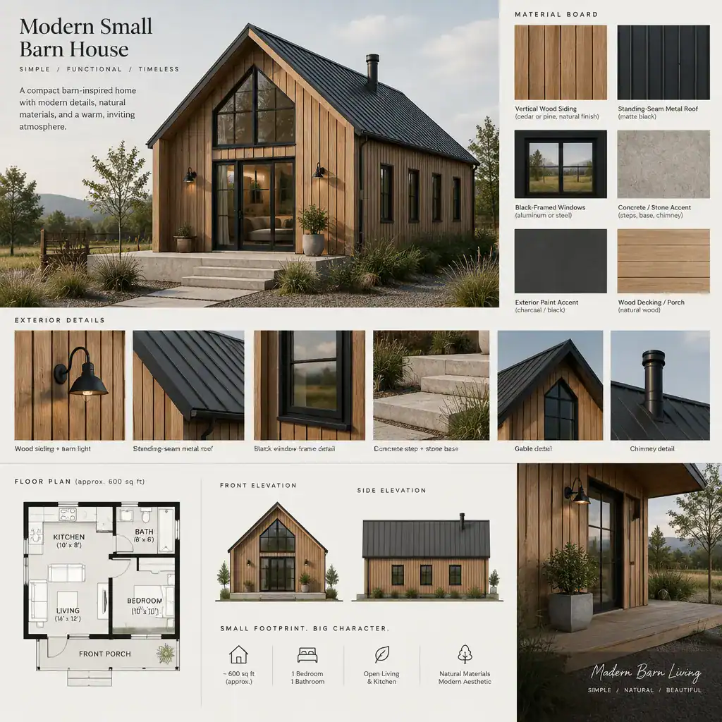 Material palette for a modern small barn house exterior
