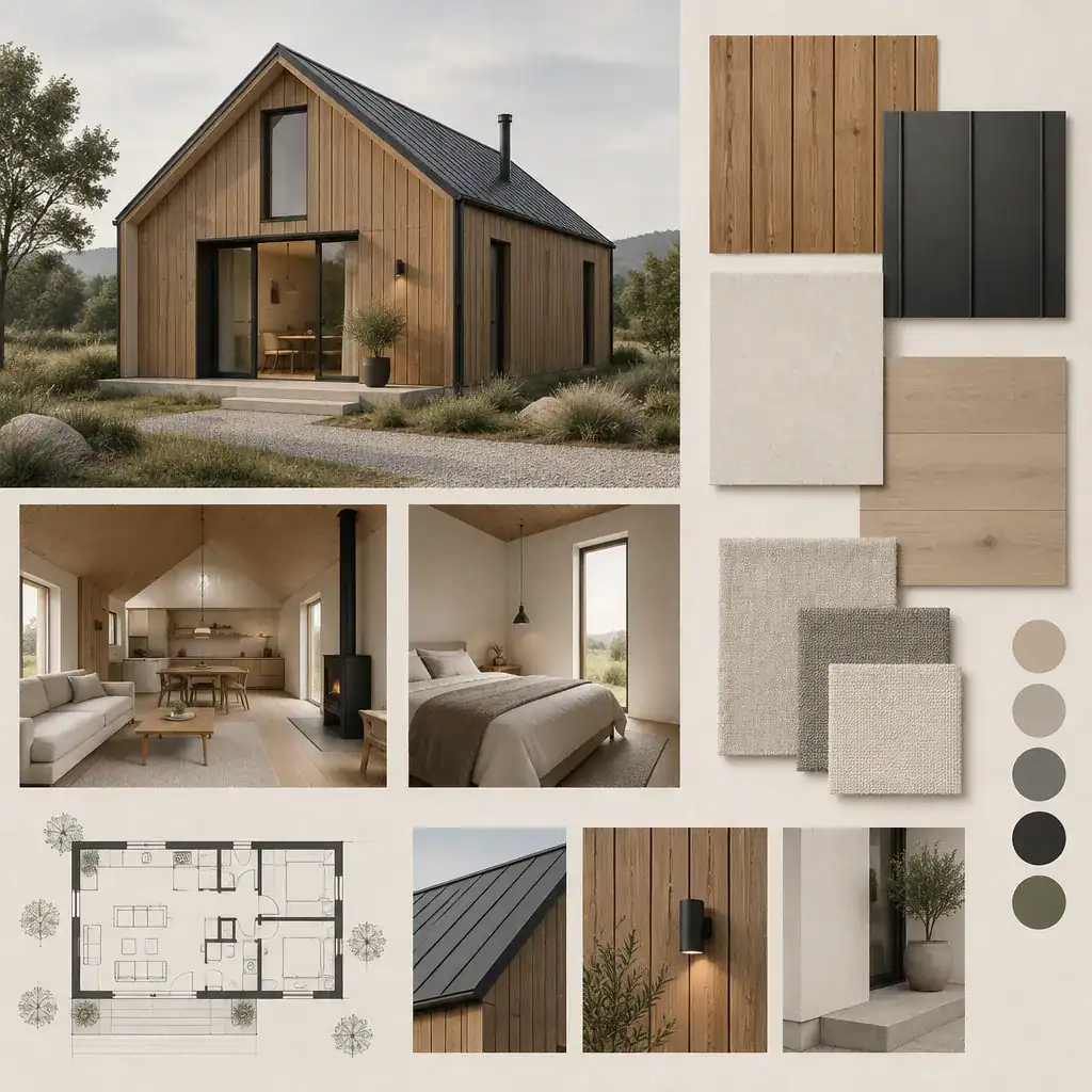 Minimalist barn house material palette with wood and neutral finishes