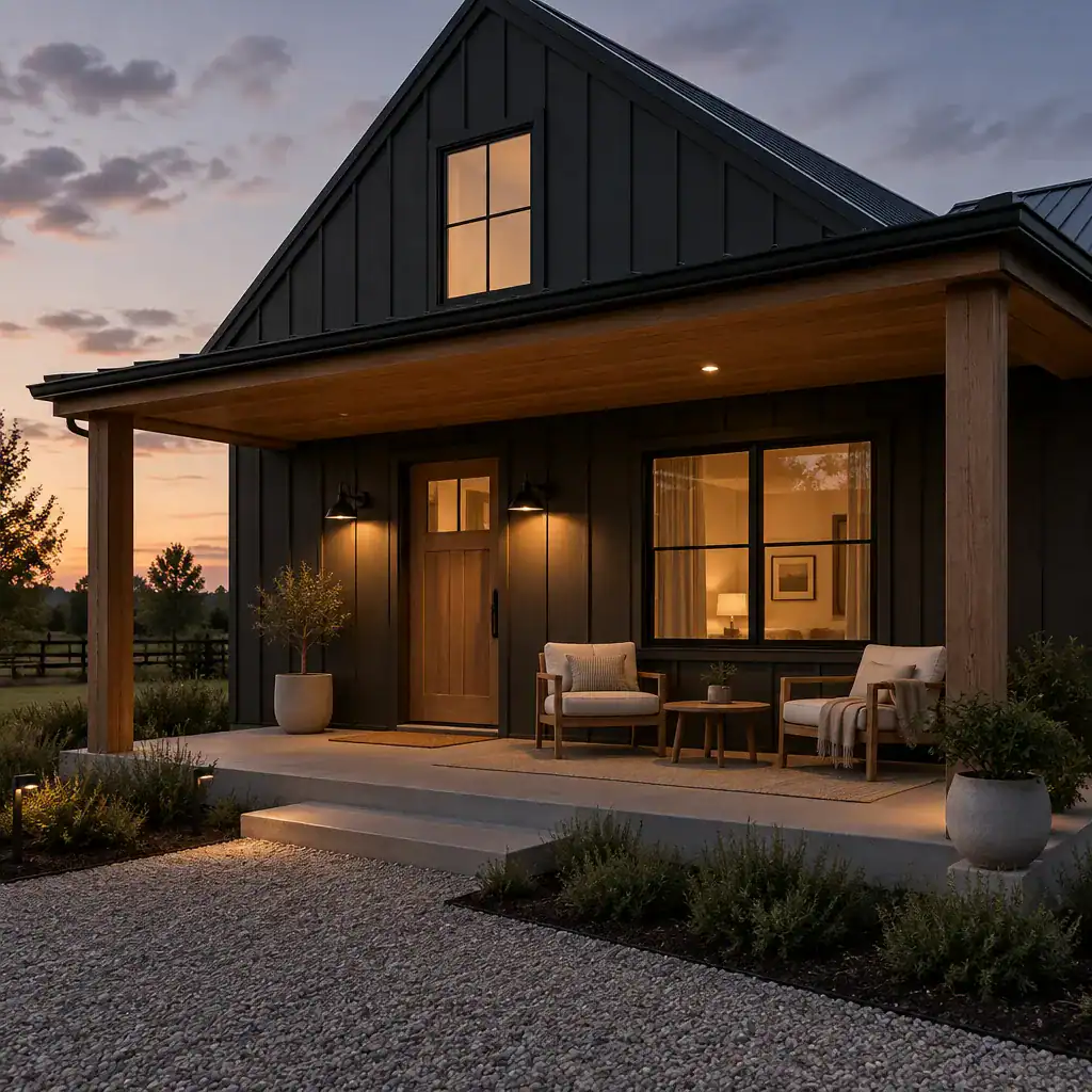 Minimalist barn house porch with understated lighting and decor