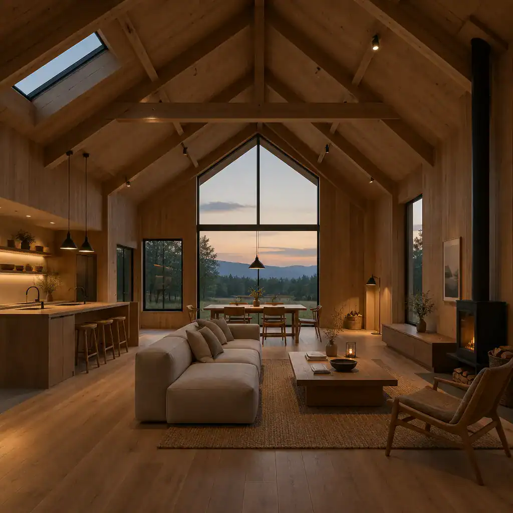 Minimalist wood barn house interior with natural light and layered lighting