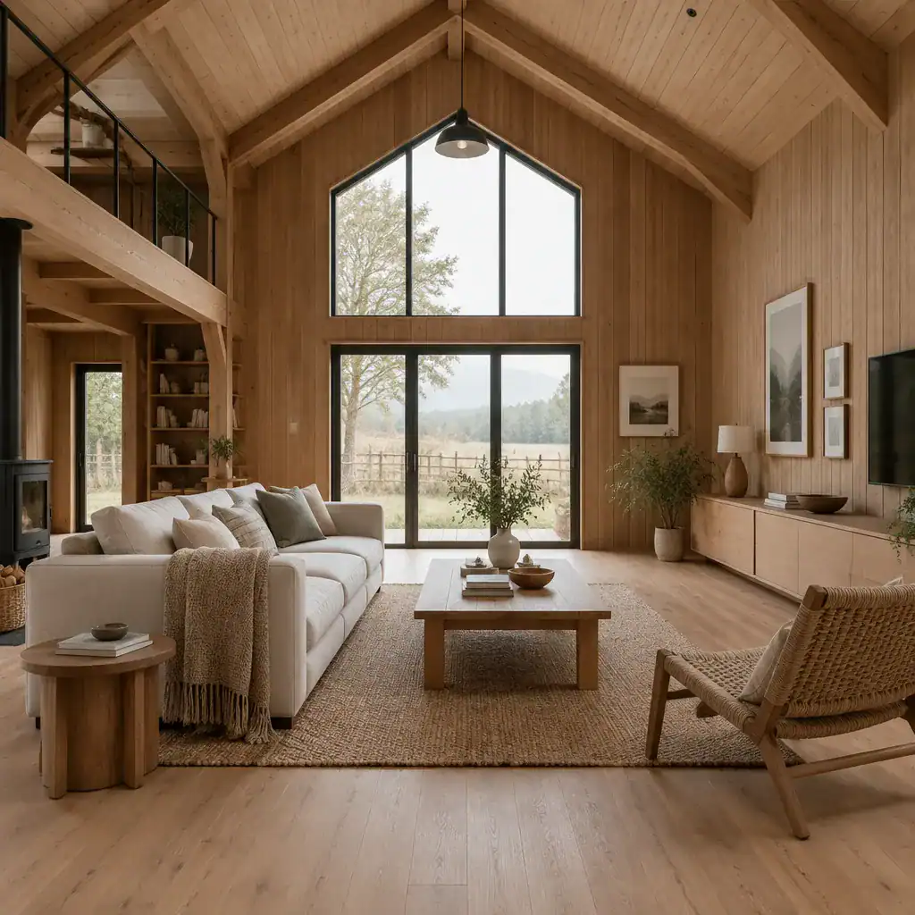 Minimalist wood barn house living room with simple furniture and restrained decor