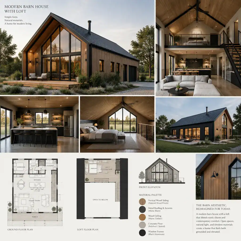 Modern barn house exterior and loft interior design