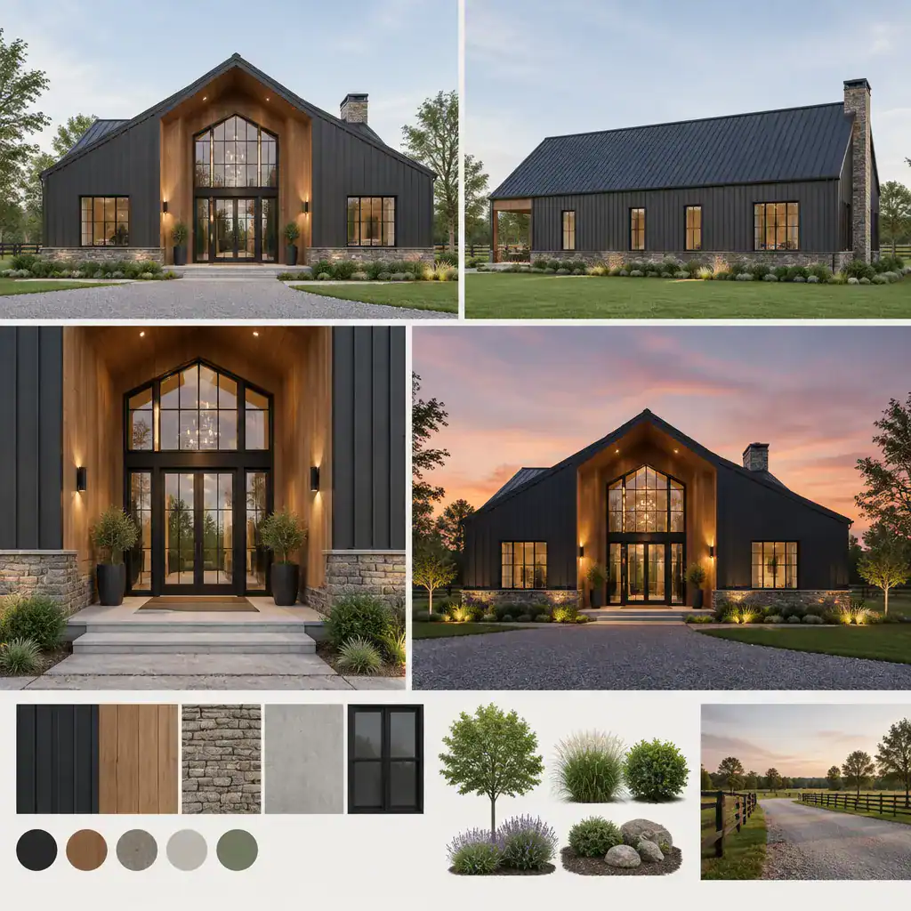Modern barn house exterior concept board with coordinated views