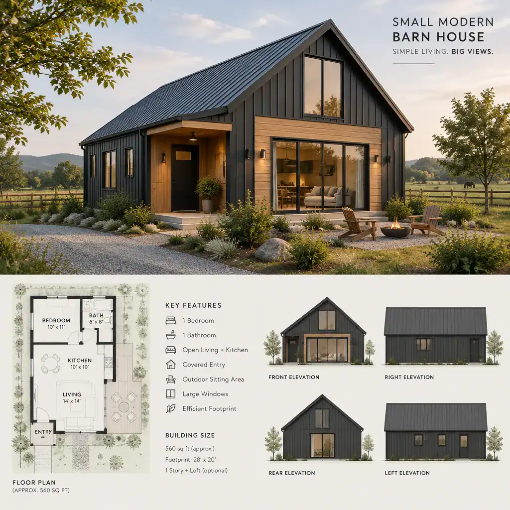 Modern barn house exterior connected to a simple outdoor area
