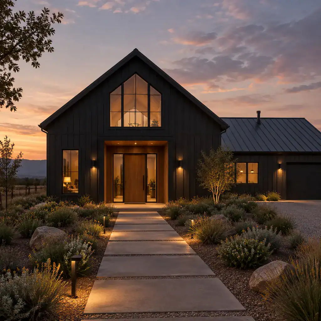 Modern barn house exterior with warm lighting and simple landscaping