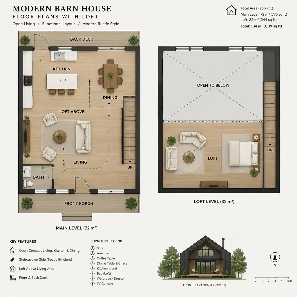Modern barn house floor plan with loft and open living areas