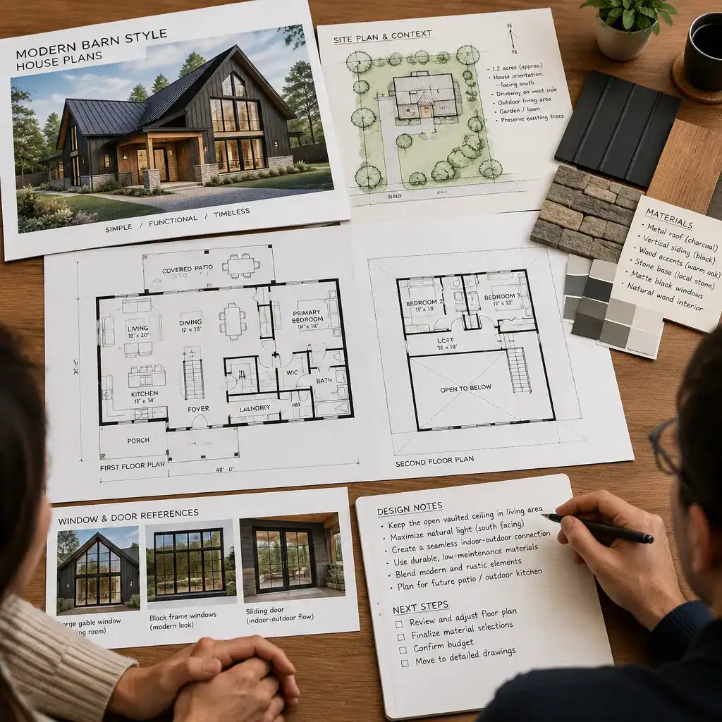 Modern barn house plan review with site sketch and material samples