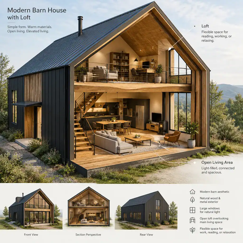 Modern barn house plan with an open loft above the living area