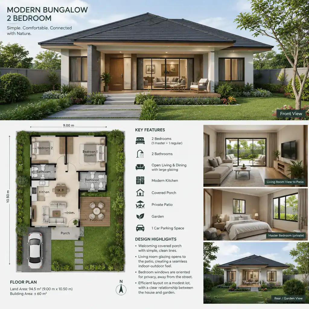 Modern bungalow connected to a patio and landscaped lot