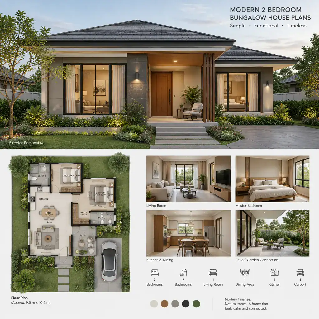 Modern bungalow exterior with windows, patio, and clean lines