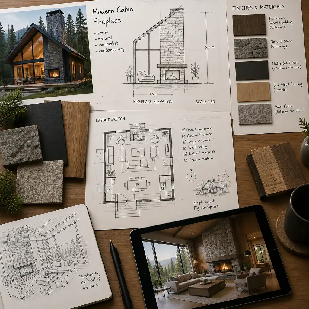 Modern Cabin Fireplace Design Planning Materials
