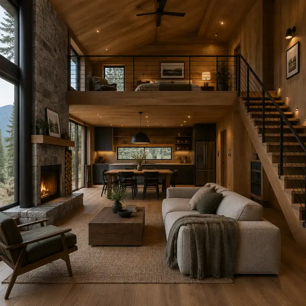 Modern Cabin Loft Materials With Wood And Stone Accents