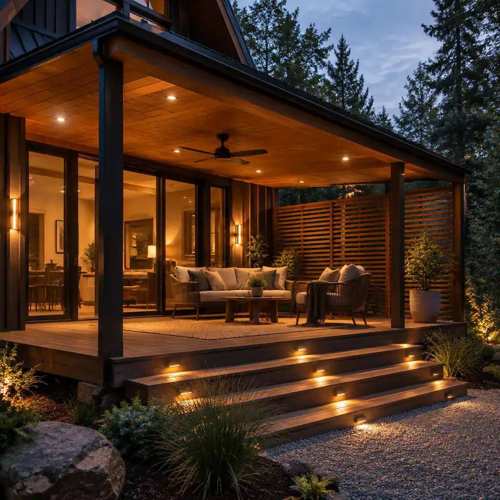Modern Cabin Porch With Layered Evening Lighting And Privacy Screening