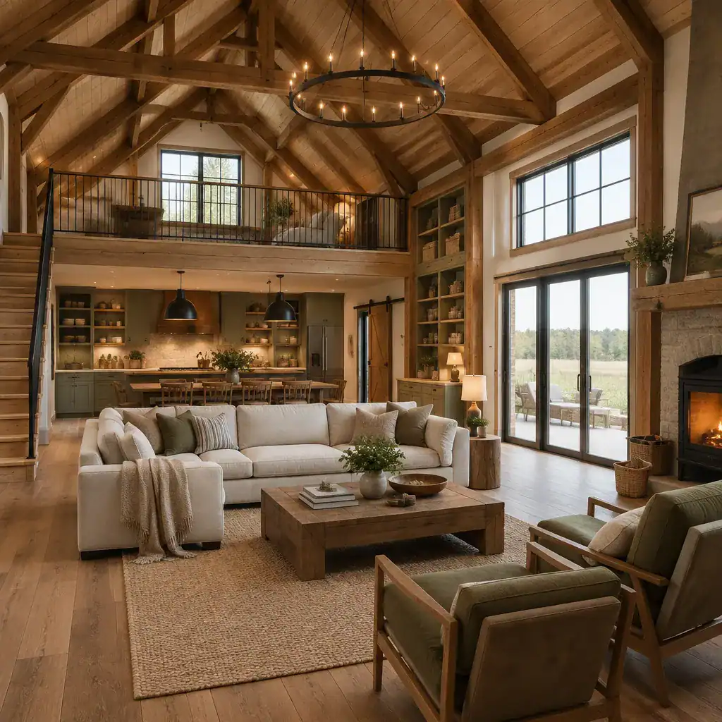 Modern comfortable interior with refined rustic barn house details