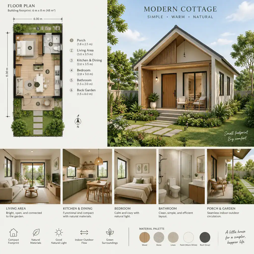 Modern Cottage Floor Plan Connected To A Porch And Garden