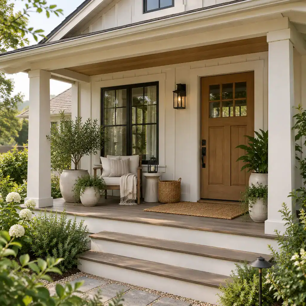 Modern Cottage Porch Decorated With Plants And Natural Accents