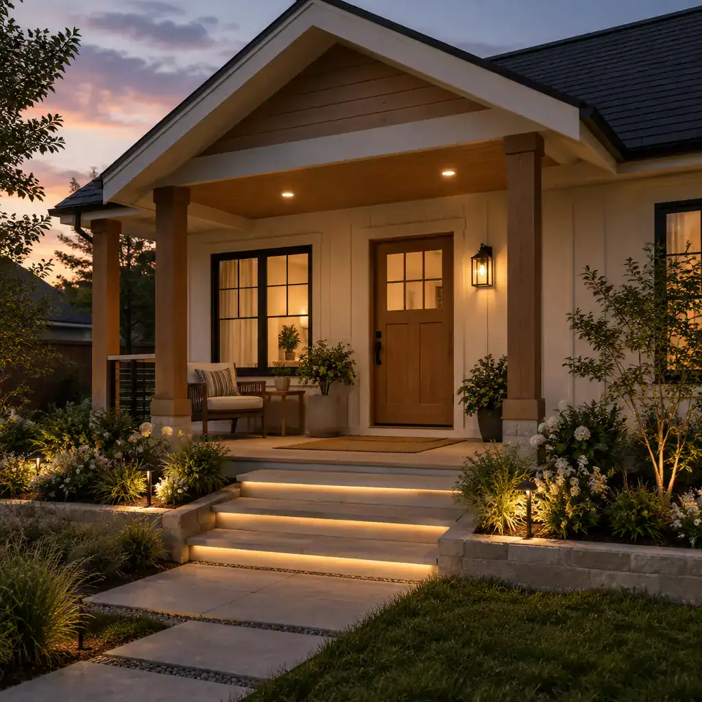Modern Cottage Porch With Layered Evening Lighting