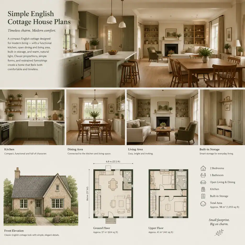 Modern English cottage interior with functional kitchen, living area, and built-in storage